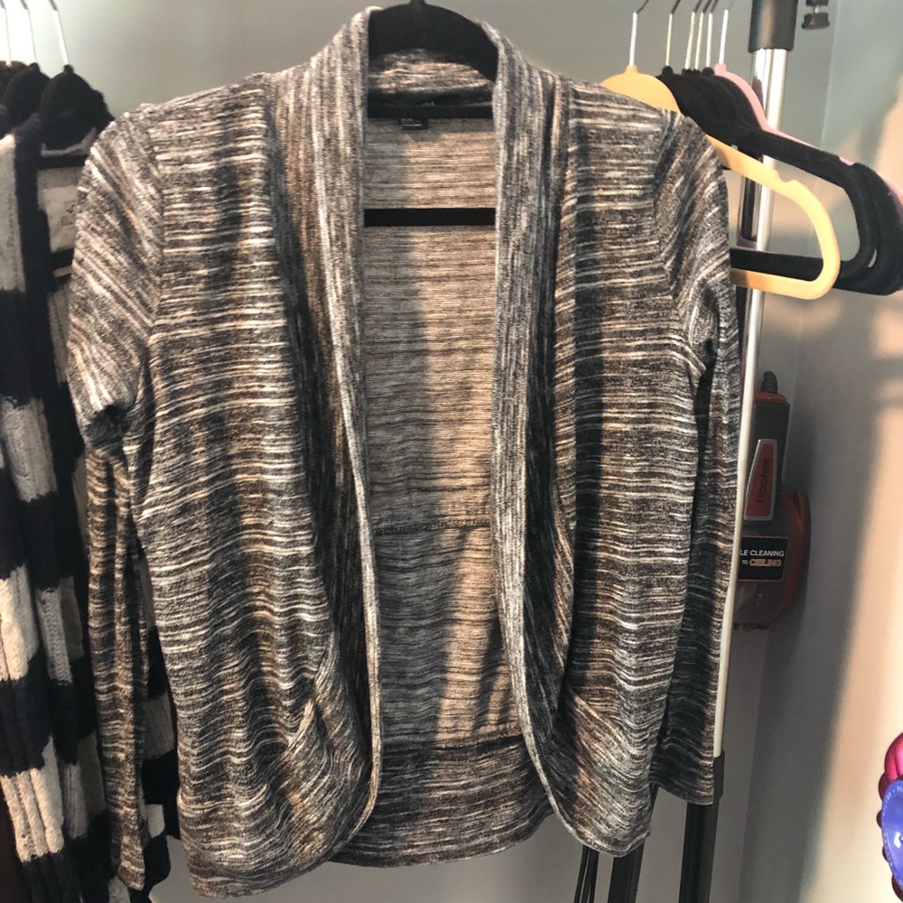 Cowl collar black/gray/white cardigan M, tie back.